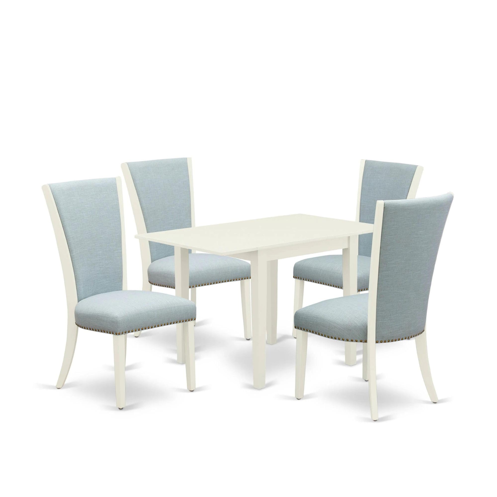 East West Furniture Norden 5 Piece Set Includes A Rectangle Dining Room Table With Dropleaf And 4 Baby Blue Linen Fabric Upholstered Parson Chairs, 30X48 Inch, Ndve5-Lwh-15